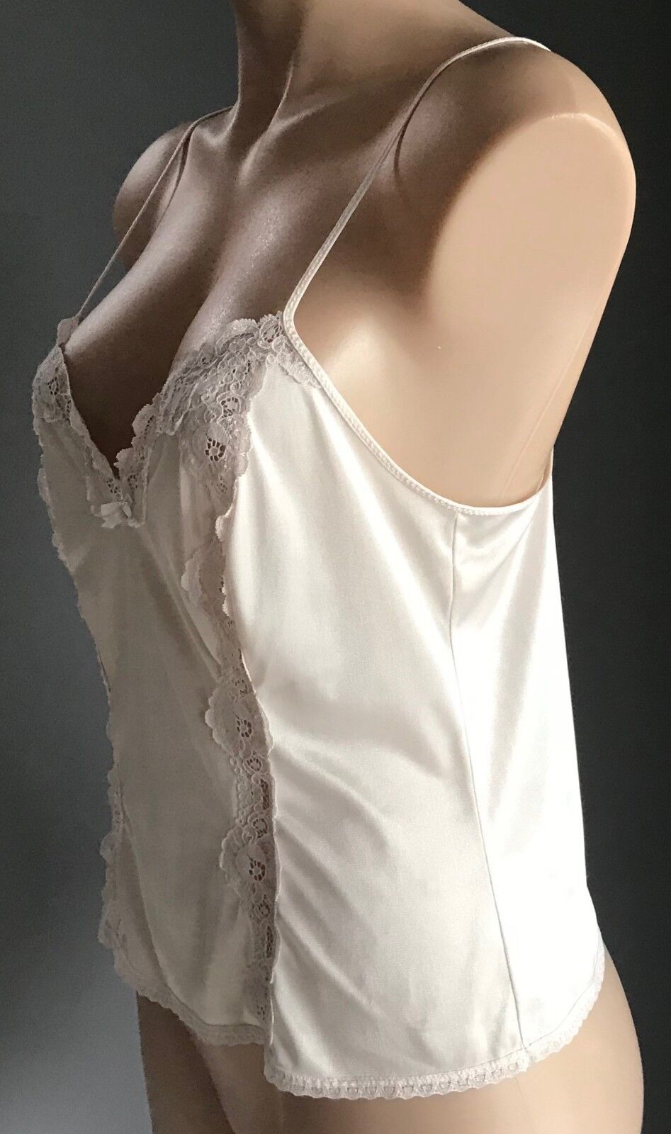 Vintage Camisole White Nylon Thin Straps Lace Panel & Trim Top Ladies Size 10