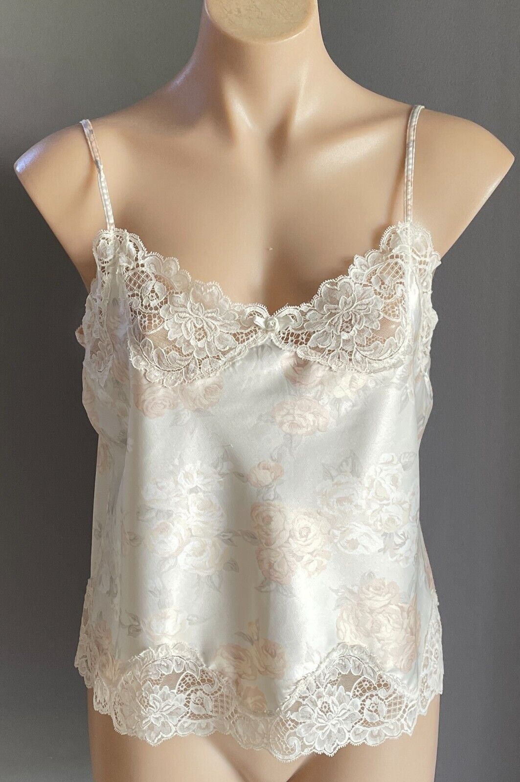Camisole Cream Floral Print Silky Lace Trim Size 12 Thin Shoulder Straps Sexy