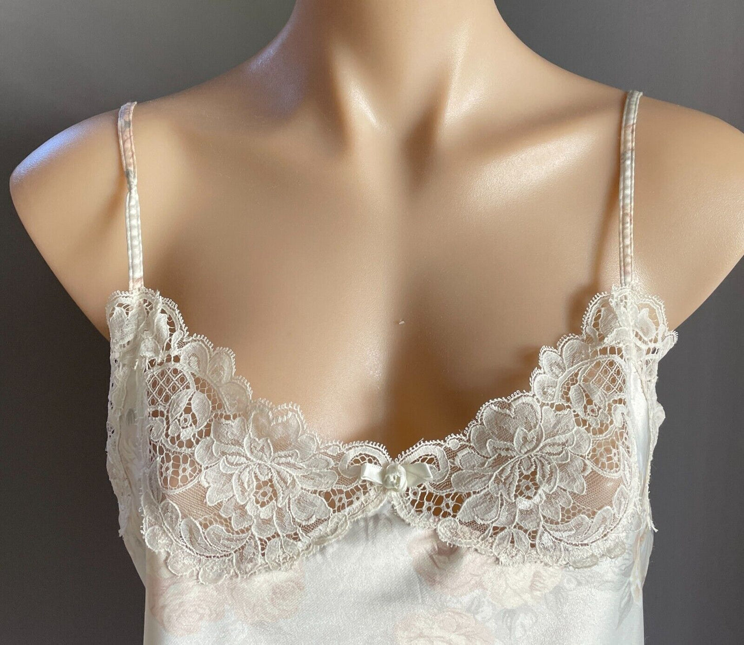 Camisole Cream Floral Print Silky Lace Trim Size 12 Thin Shoulder Straps Sexy