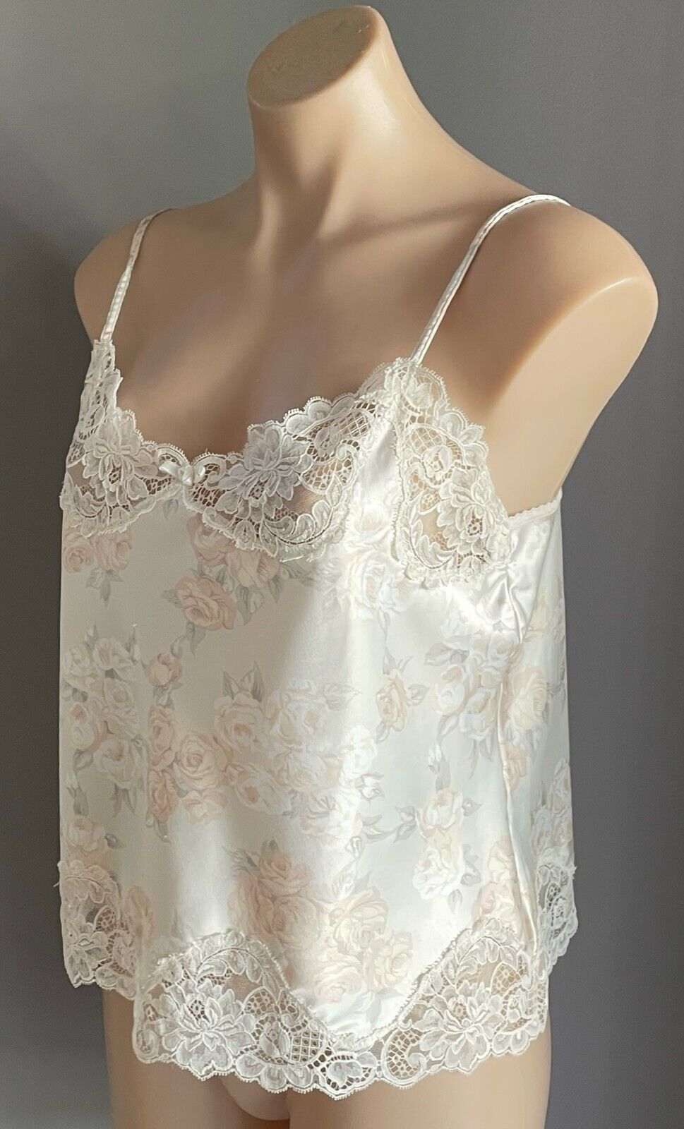 Camisole Cream Floral Print Silky Lace Trim Size 12 Thin Shoulder Straps Sexy