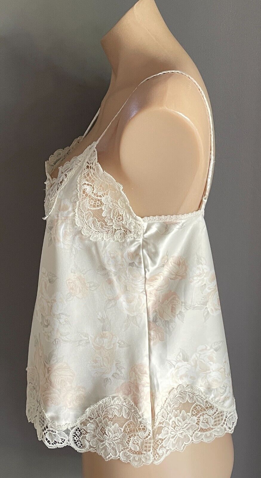 Camisole Cream Floral Print Silky Lace Trim Size 12 Thin Shoulder Straps Sexy