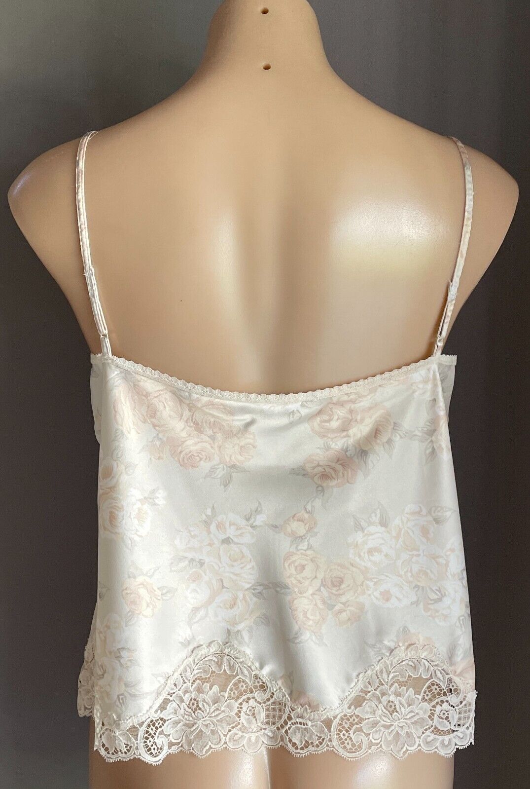 Camisole Cream Floral Print Silky Lace Trim Size 12 Thin Shoulder Straps Sexy