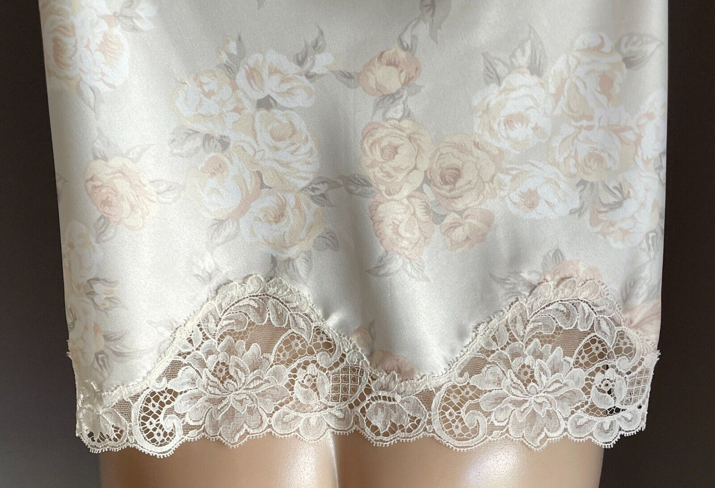 Camisole Cream Floral Print Silky Lace Trim Size 12 Thin Shoulder Straps Sexy