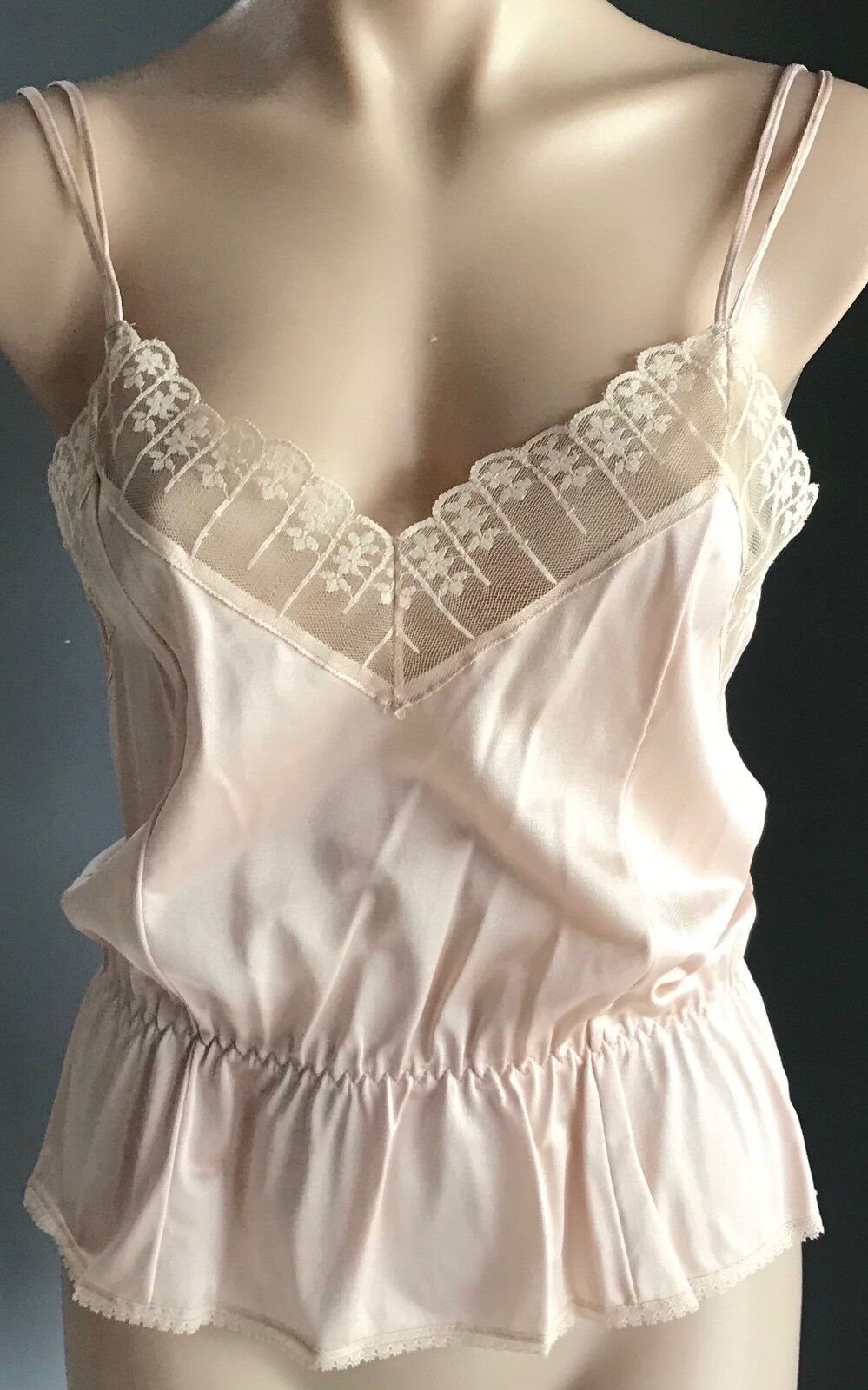 Vintage Nylon Camisole Beige Elastic Waist Thin Straps Lace Trim Top Size 12 NEW