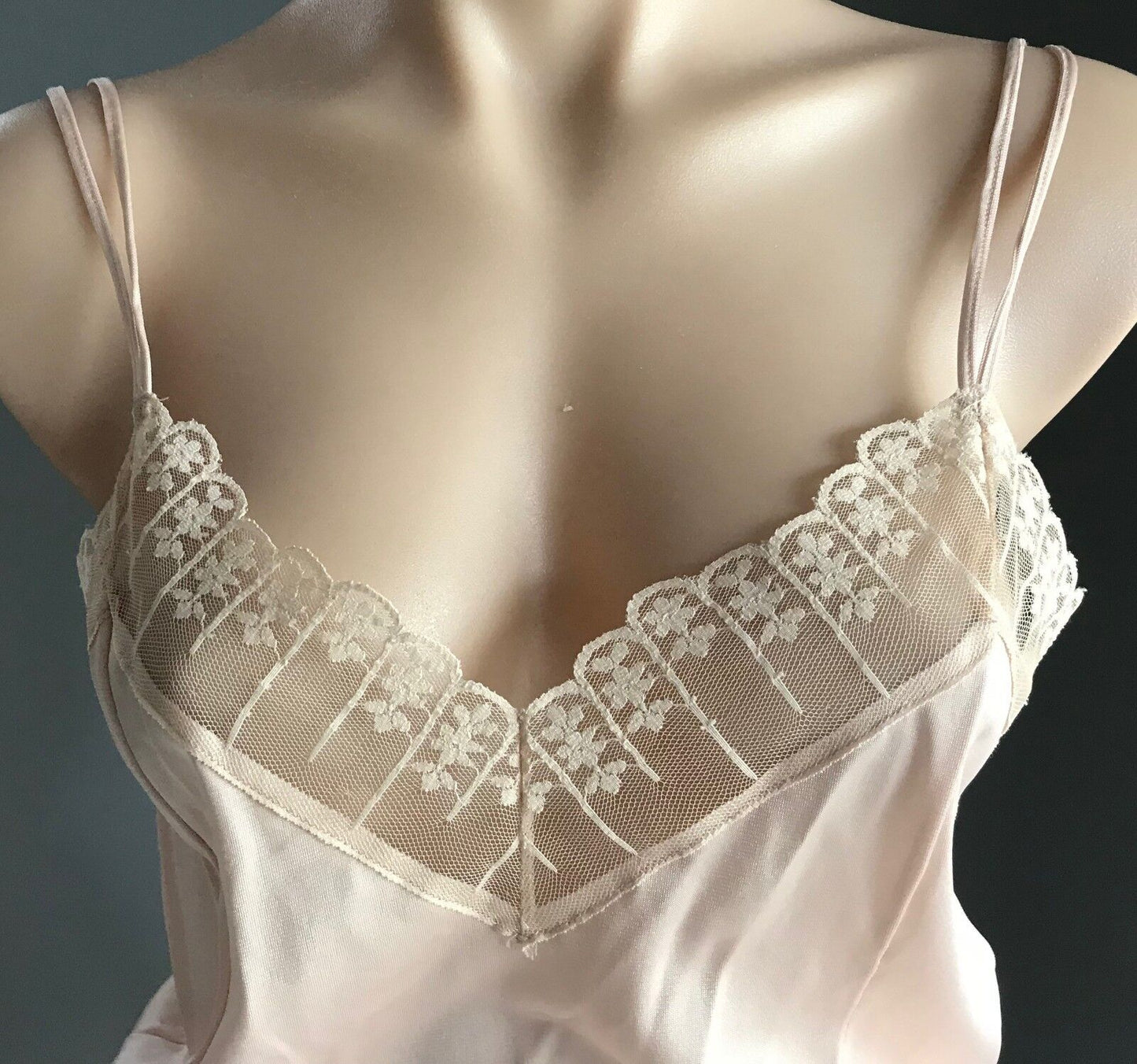 Vintage Nylon Camisole Beige Elastic Waist Thin Straps Lace Trim Top Size 12 NEW