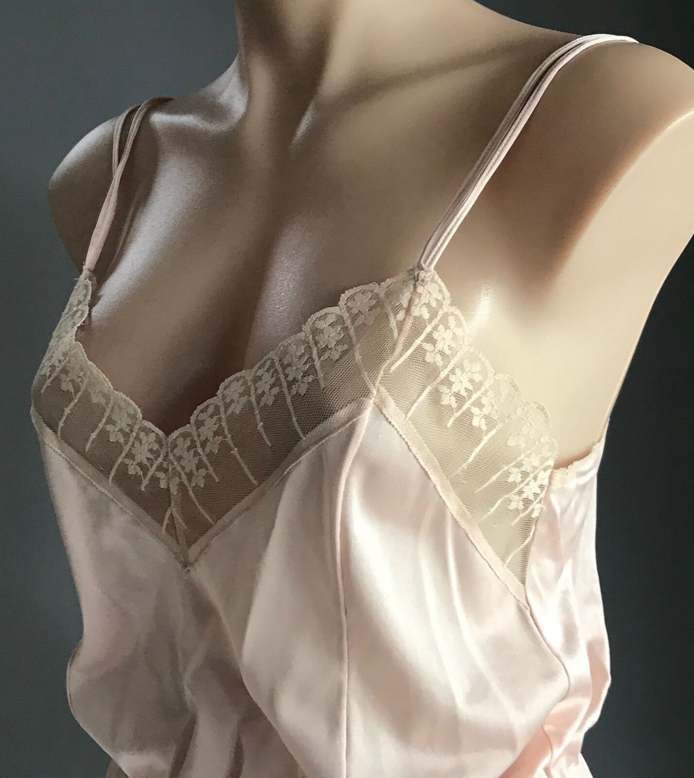 Vintage Nylon Camisole Beige Elastic Waist Thin Straps Lace Trim Top Size 12 NEW
