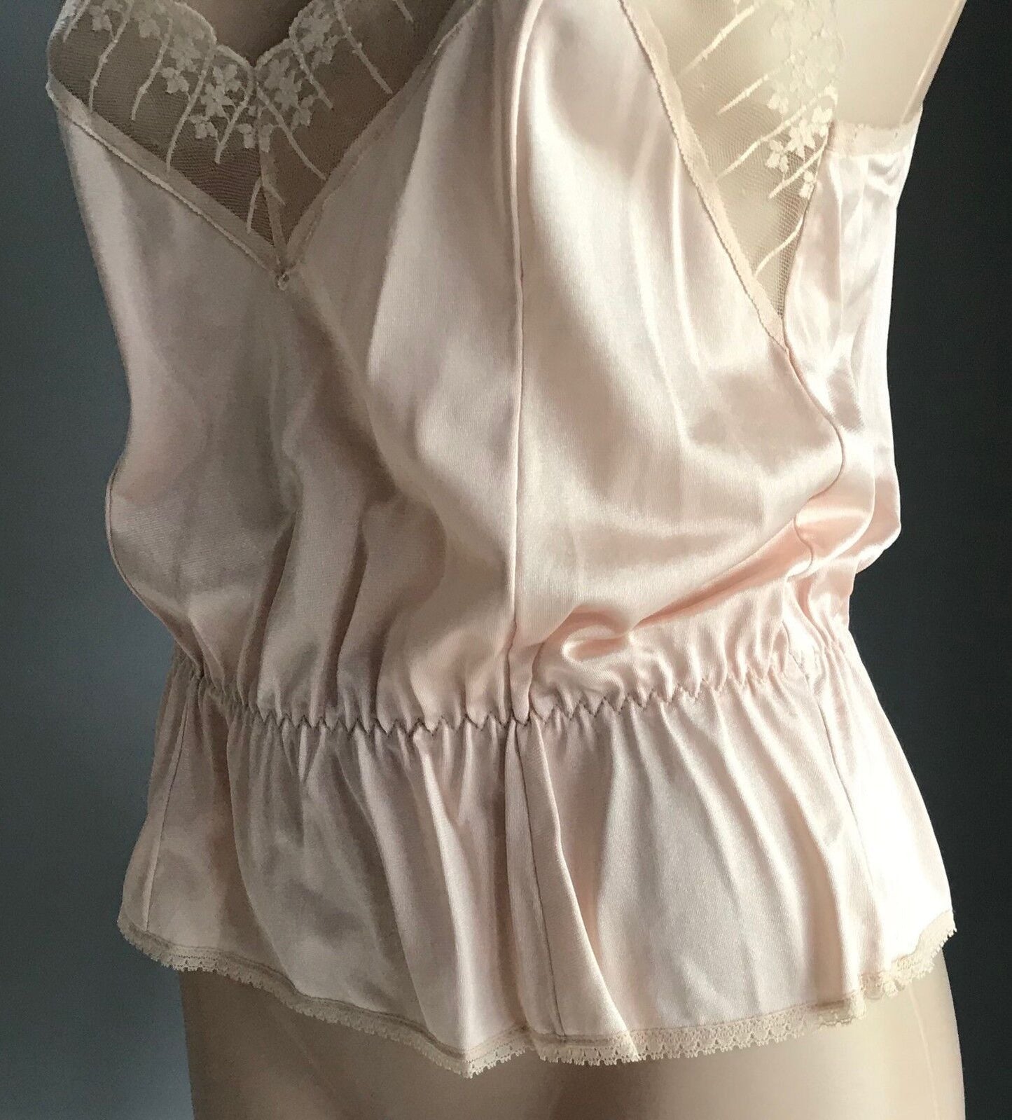 Vintage Nylon Camisole Beige Elastic Waist Thin Straps Lace Trim Top Size 12 NEW