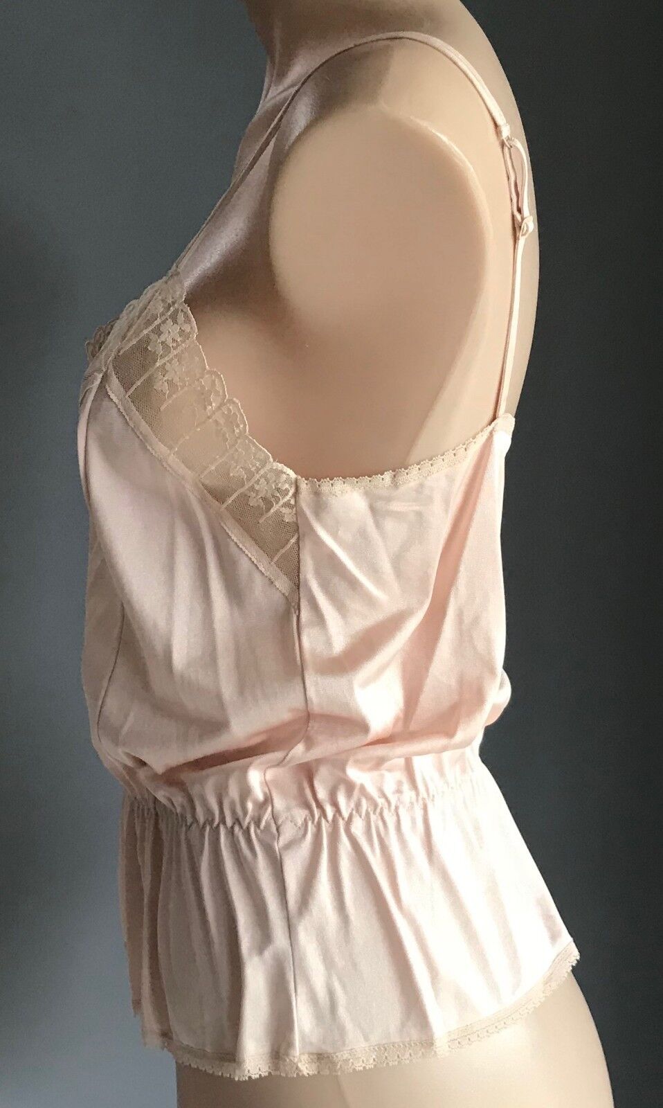 Vintage Nylon Camisole Beige Elastic Waist Thin Straps Lace Trim Top Size 12 NEW