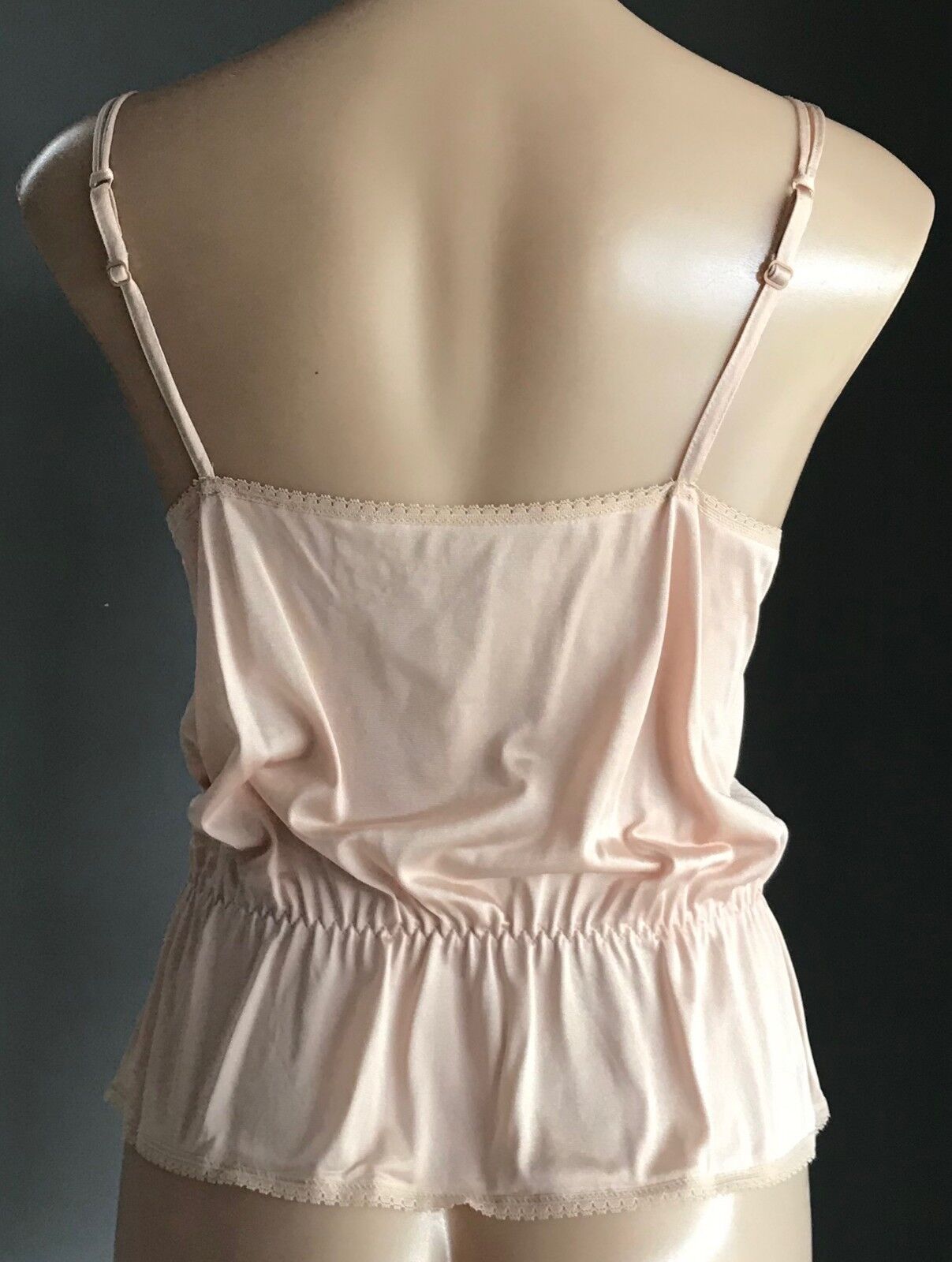 Vintage Nylon Camisole Beige Elastic Waist Thin Straps Lace Trim Top Size 12 NEW