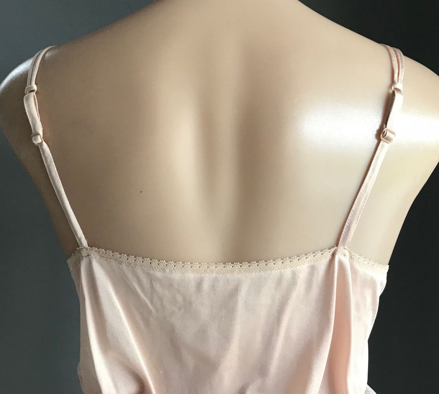 Vintage Nylon Camisole Beige Elastic Waist Thin Straps Lace Trim Top Size 12 NEW