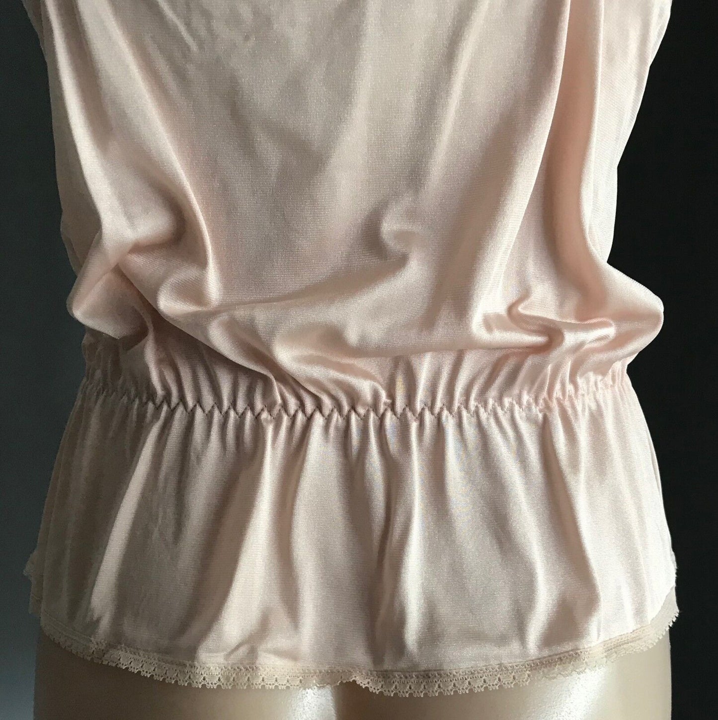 Vintage Nylon Camisole Beige Elastic Waist Thin Straps Lace Trim Top Size 12 NEW