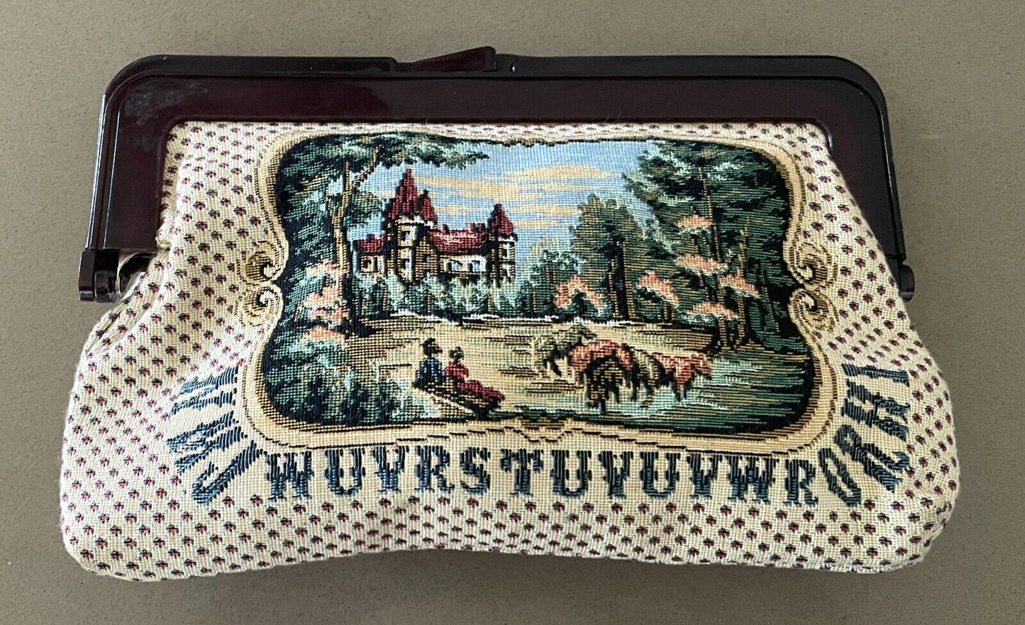 CLUTCH PURSE Folk Art Rural Scene Multi Colour Tapestry Continental Square Frame