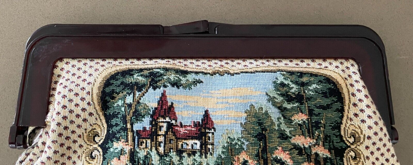 CLUTCH PURSE Folk Art Rural Scene Multi Colour Tapestry Continental Square Frame