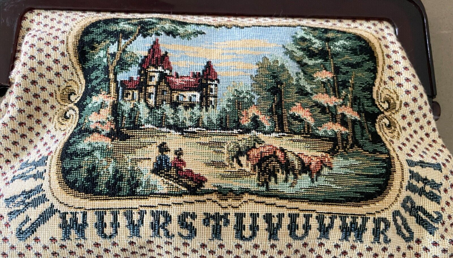 CLUTCH PURSE Folk Art Rural Scene Multi Colour Tapestry Continental Square Frame