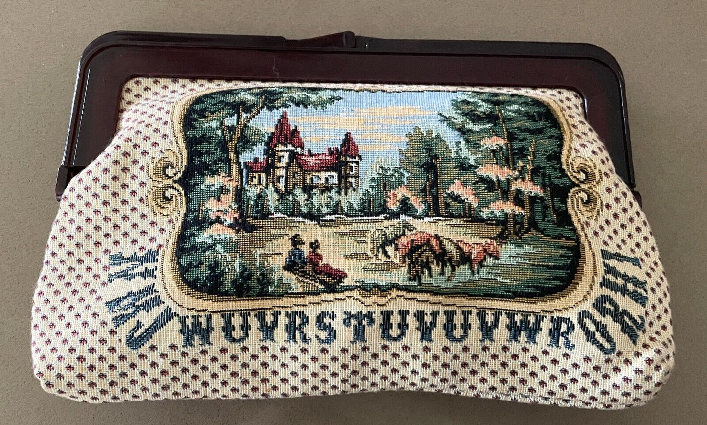 CLUTCH PURSE Folk Art Rural Scene Multi Colour Tapestry Continental Square Frame