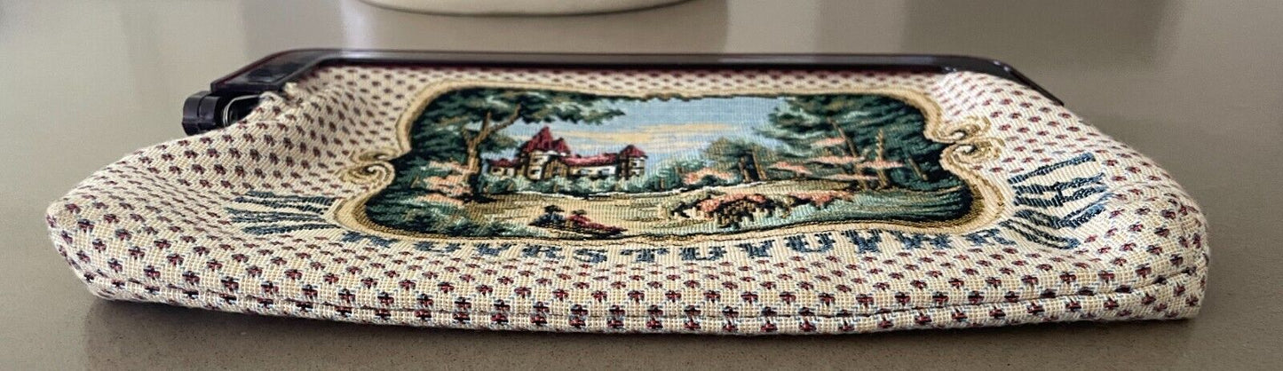 CLUTCH PURSE Folk Art Rural Scene Multi Colour Tapestry Continental Square Frame