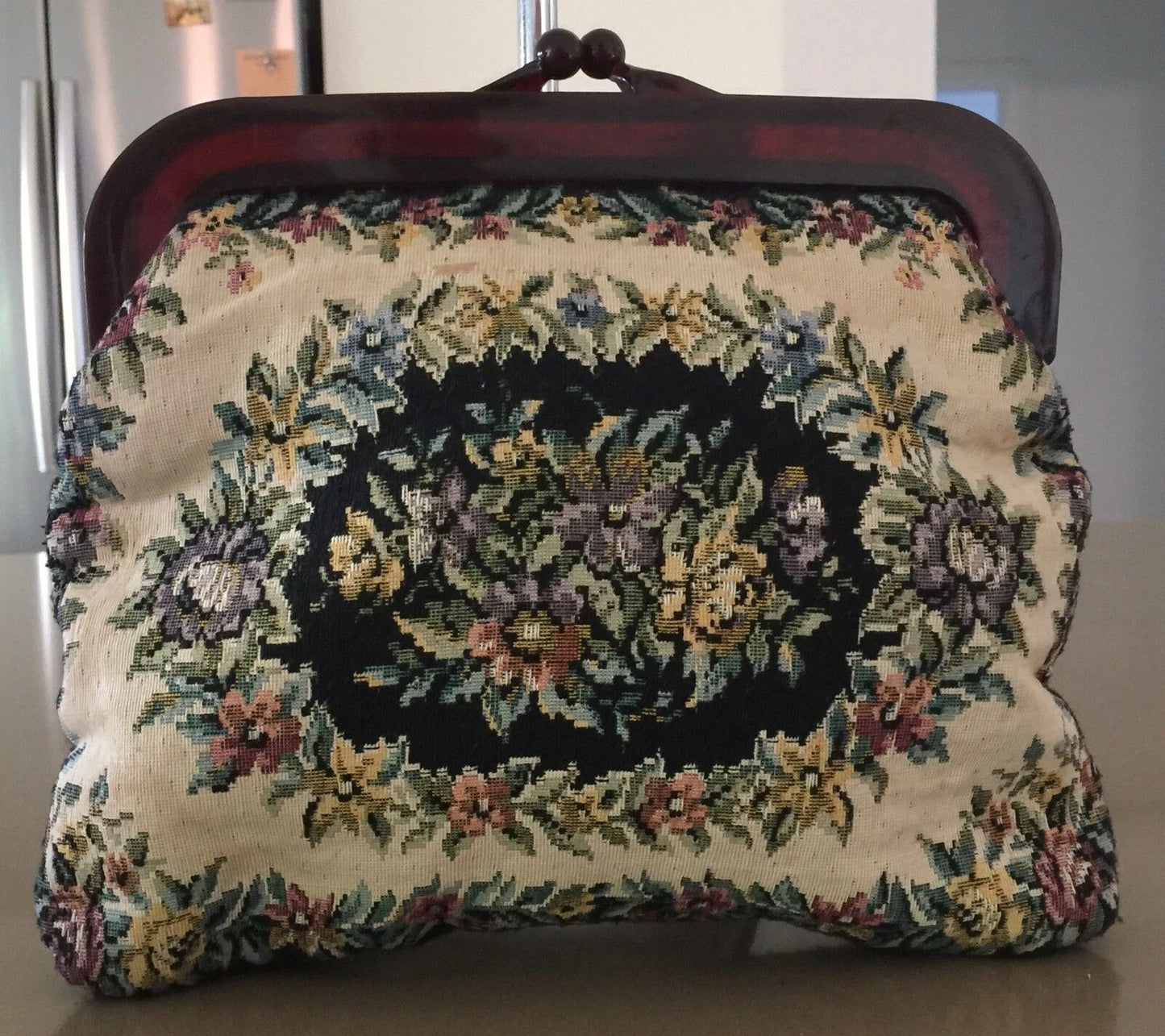 VINTAGE BAG Floral Tapestry Amber Resin Frame Clutch Bag Purse Hong Kong Handbag