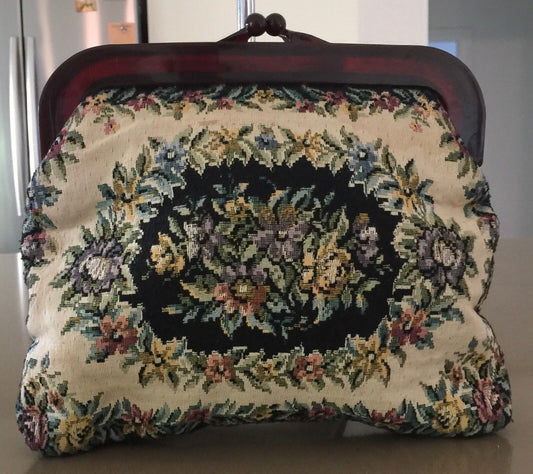 VINTAGE BAG Floral Tapestry Amber Resin Frame Clutch Bag Purse Hong Kong Handbag