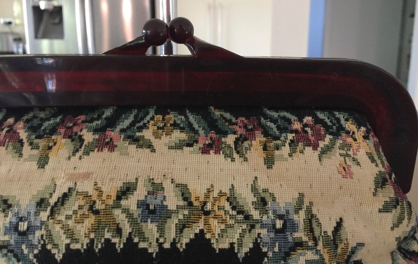 VINTAGE BAG Floral Tapestry Amber Resin Frame Clutch Bag Purse Hong Kong Handbag