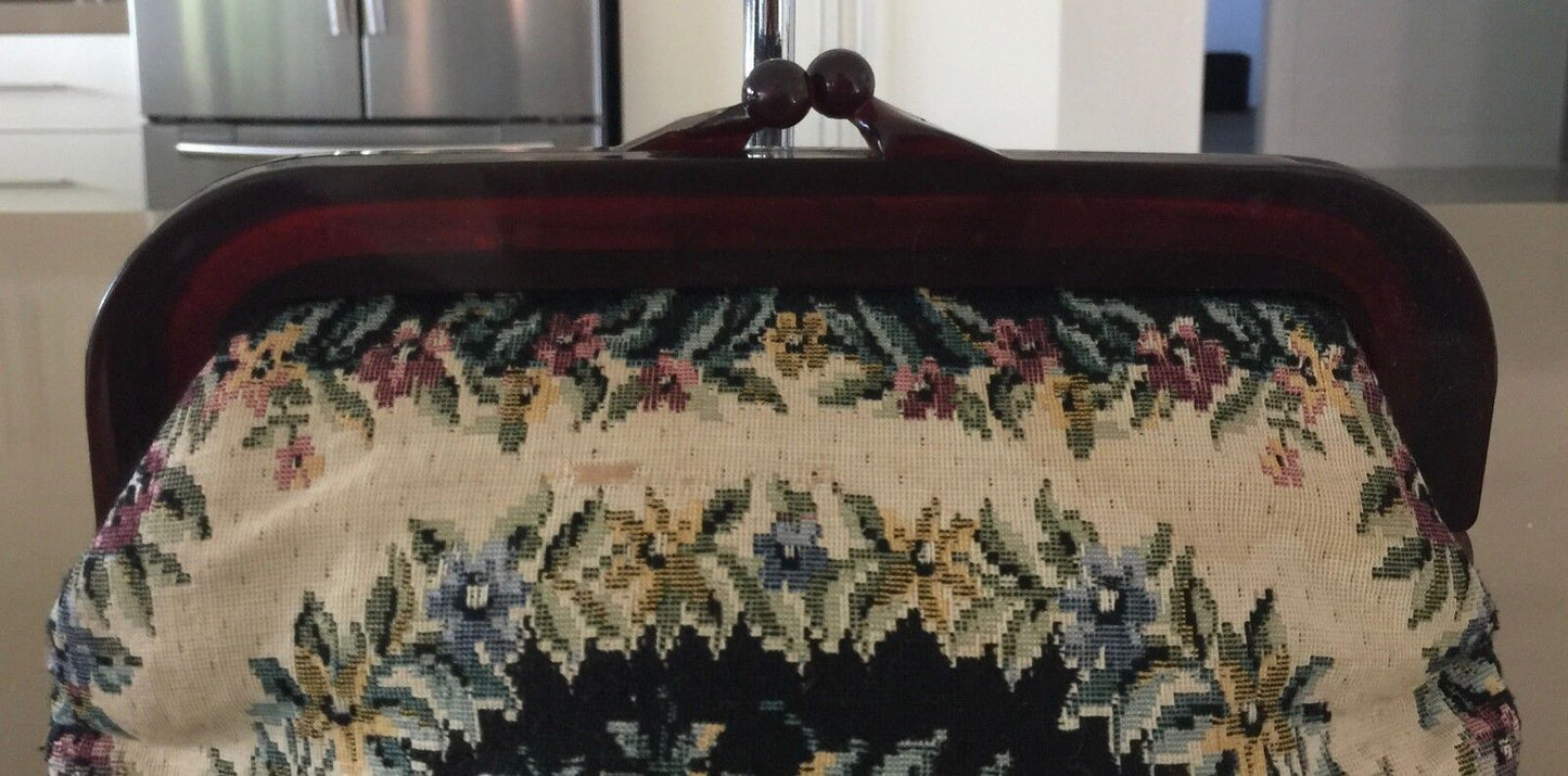 VINTAGE BAG Floral Tapestry Amber Resin Frame Clutch Bag Purse Hong Kong Handbag