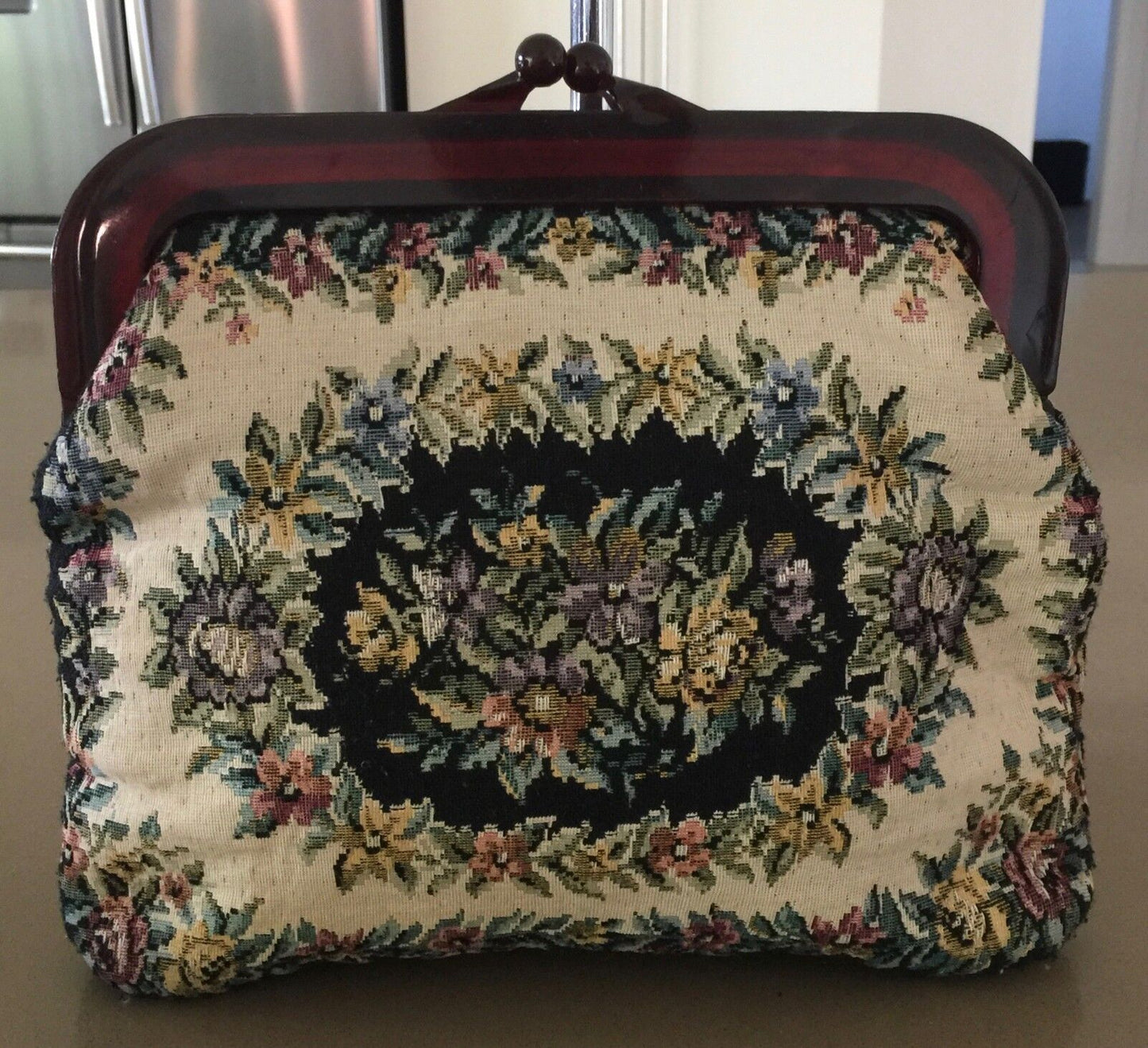 VINTAGE BAG Floral Tapestry Amber Resin Frame Clutch Bag Purse Hong Kong Handbag