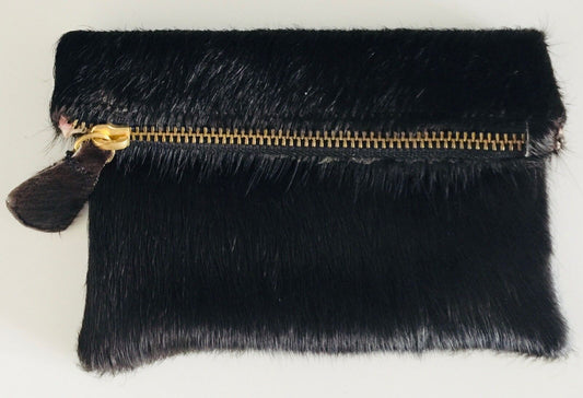 Genuine PONY HAIR on Hide PURSE Fold Over Wallet Clutch Dark Brown