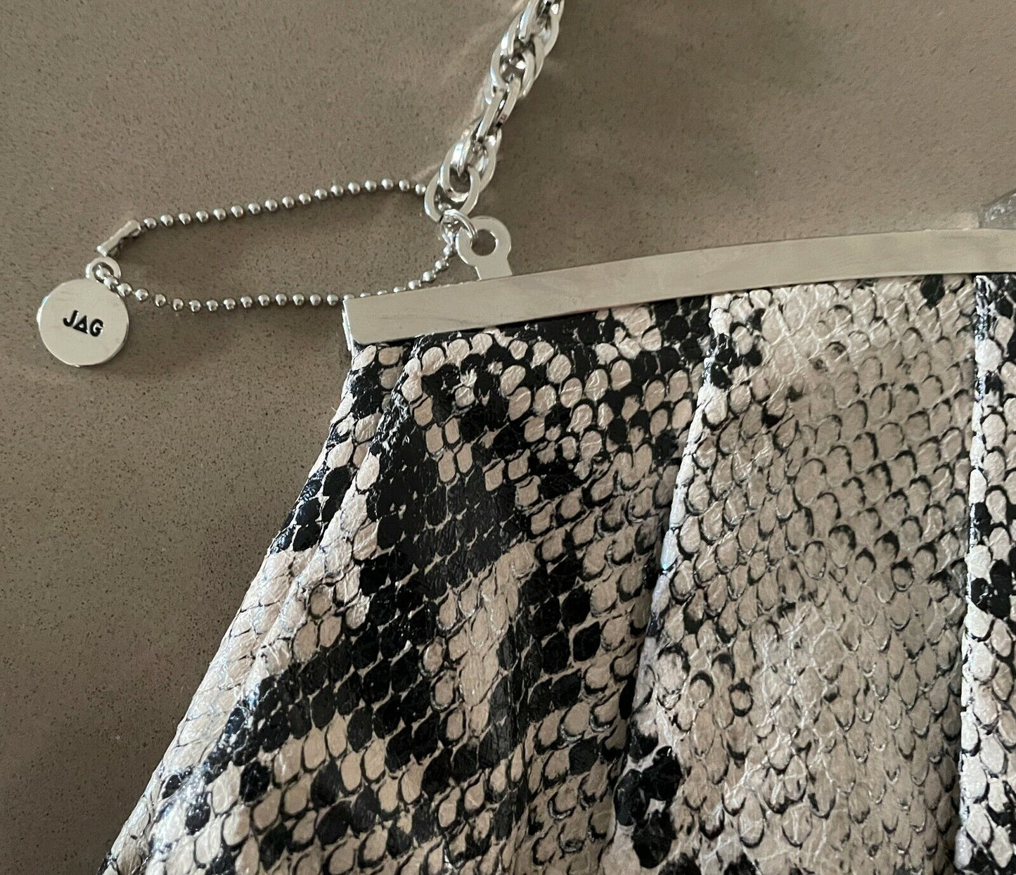 JAG Clutch Bag w Short Chain Black & Beige Python Snakeskin Pleather Vintage NEW