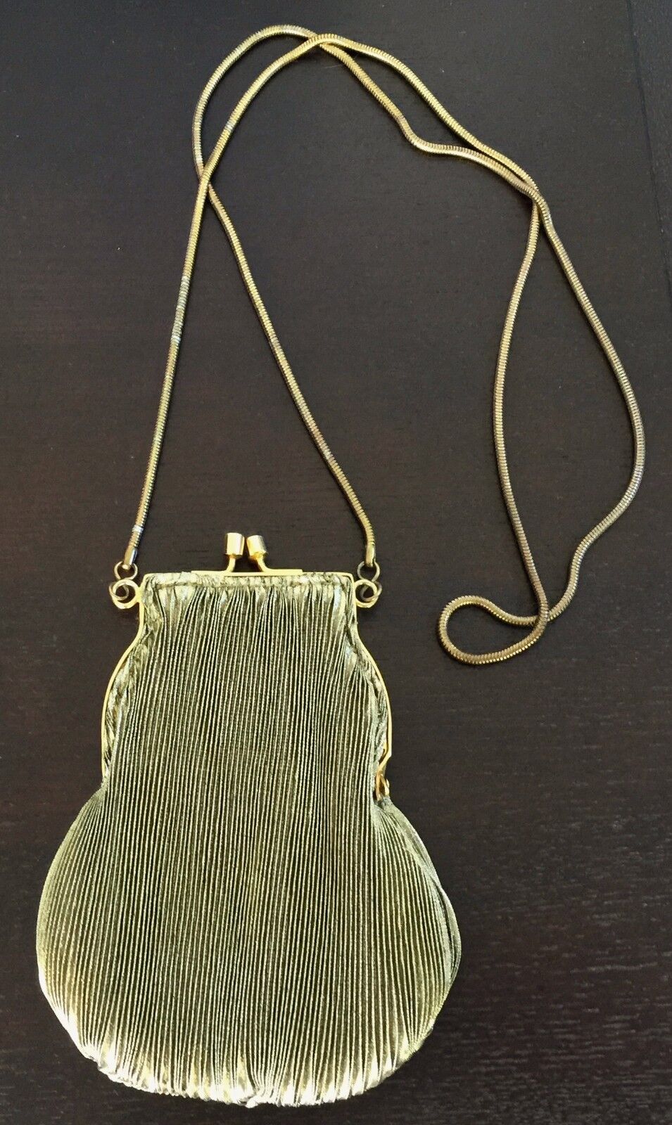 Evening Bag Gold Lurex Pleat Fabric Snake Shoulder Chain Frame Purse Vintage
