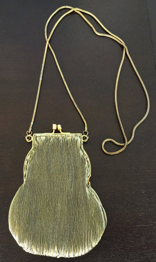 Evening Bag Gold Lurex Pleat Fabric Snake Shoulder Chain Frame Purse Vintage