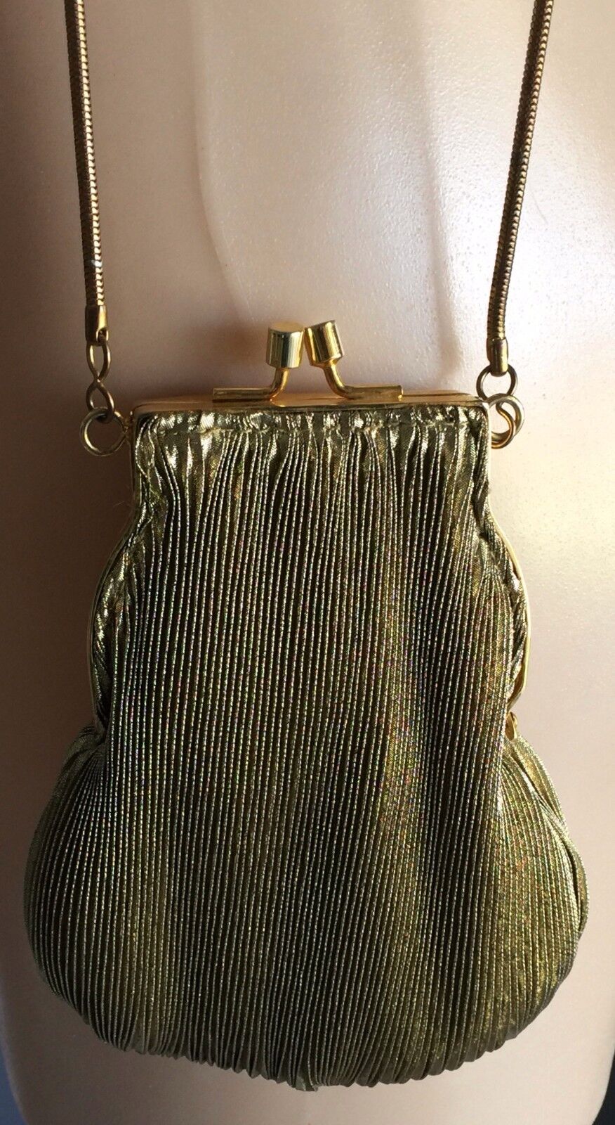 Evening Bag Gold Lurex Pleat Fabric Snake Shoulder Chain Frame Purse Vintage