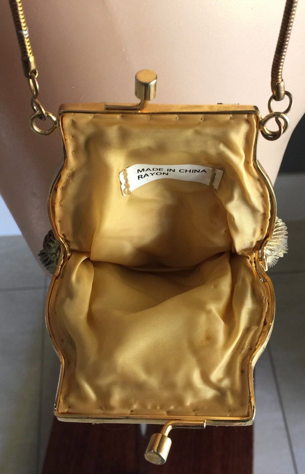 Evening Bag Gold Lurex Pleat Fabric Snake Shoulder Chain Frame Purse Vintage