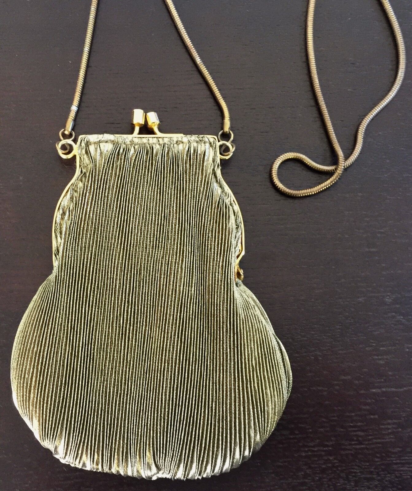 Evening Bag Gold Lurex Pleat Fabric Snake Shoulder Chain Frame Purse Vintage