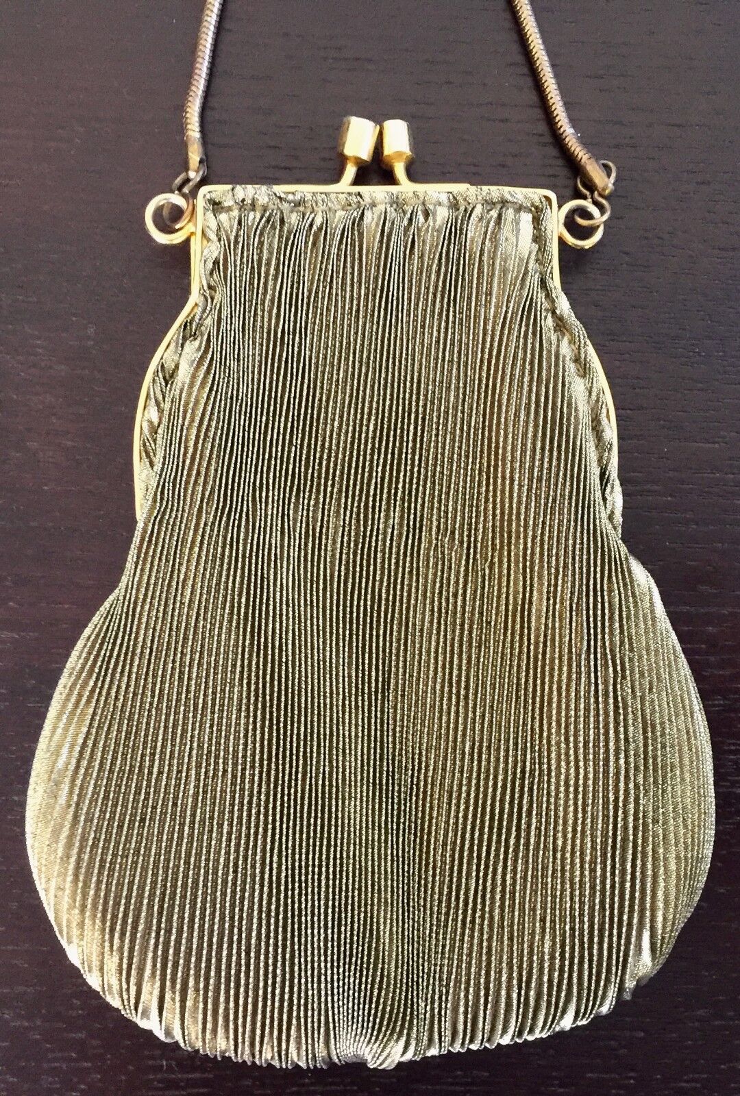 Evening Bag Gold Lurex Pleat Fabric Snake Shoulder Chain Frame Purse Vintage