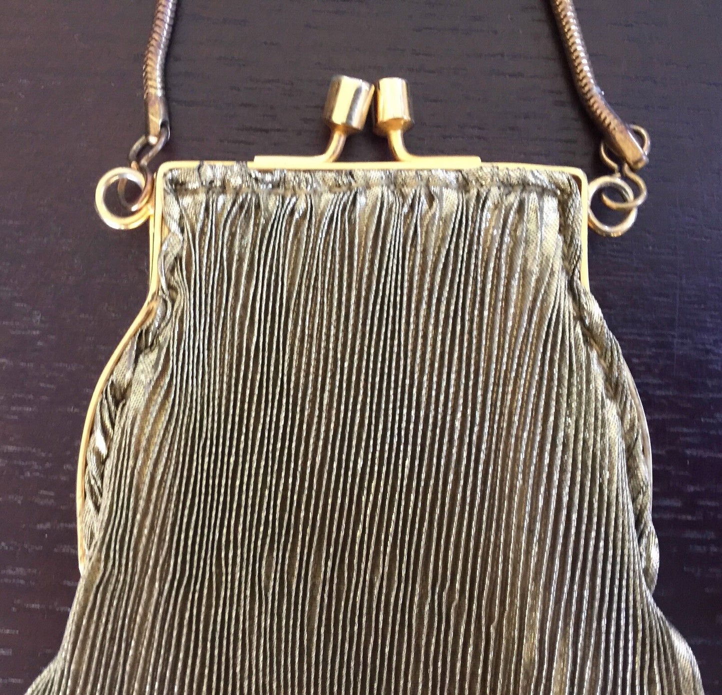 Evening Bag Gold Lurex Pleat Fabric Snake Shoulder Chain Frame Purse Vintage