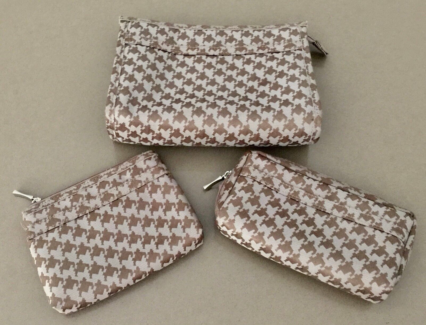 SERRA Makeup Bags Taupe & Bronze Herringbone Pouch 3 Piece Set NEW