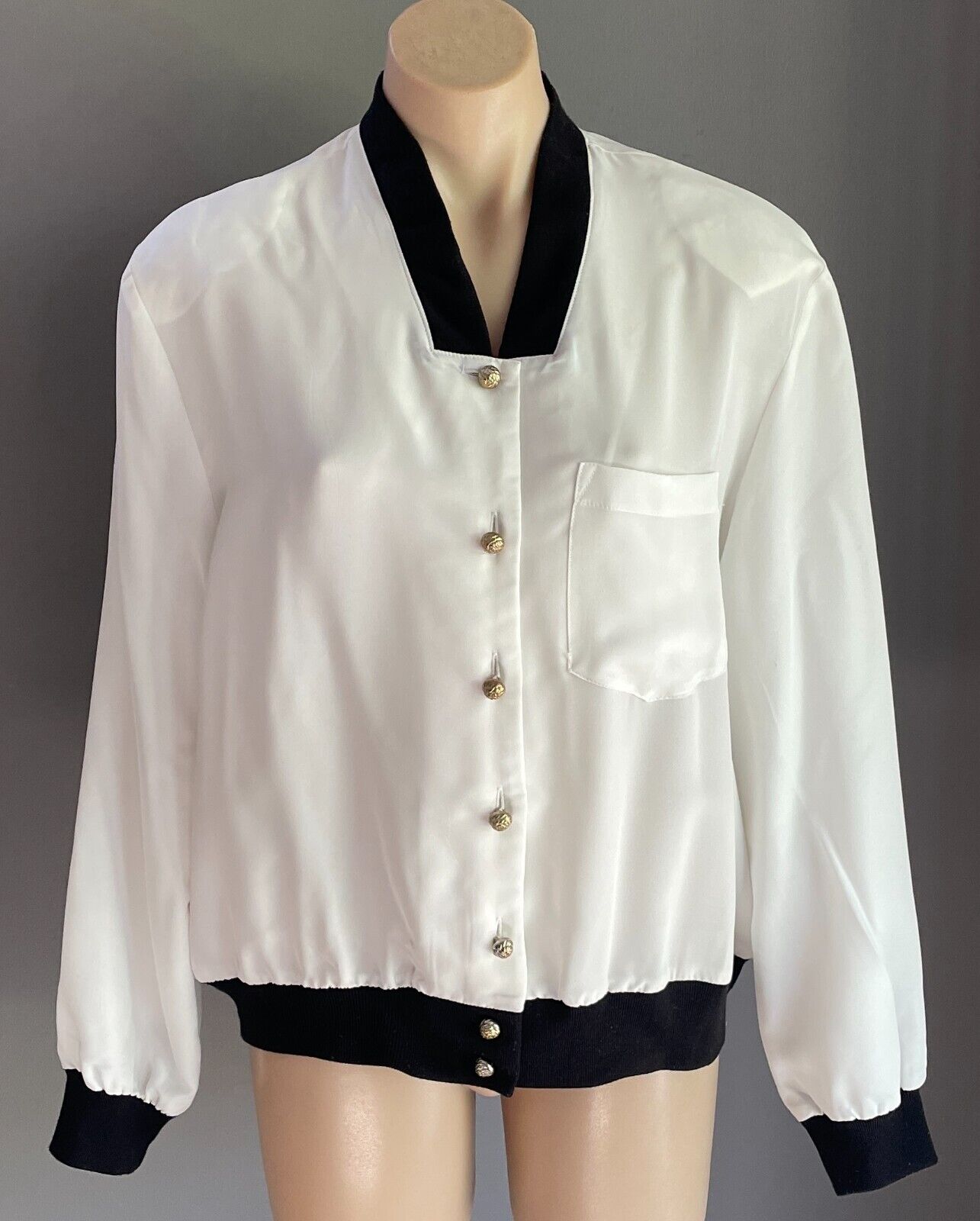 Vintage  Jacket White Black Ribbed Trim Gold Button Front Polyester Size 18 NOS