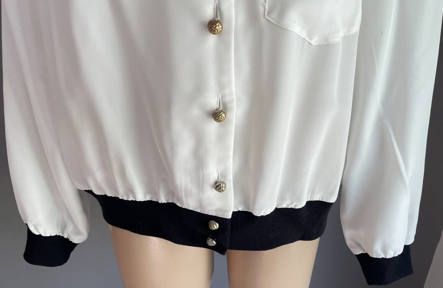 Vintage  Jacket White Black Ribbed Trim Gold Button Front Polyester Size 18 NOS