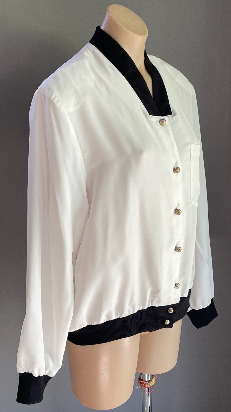 Vintage  Jacket White Black Ribbed Trim Gold Button Front Polyester Size 18 NOS