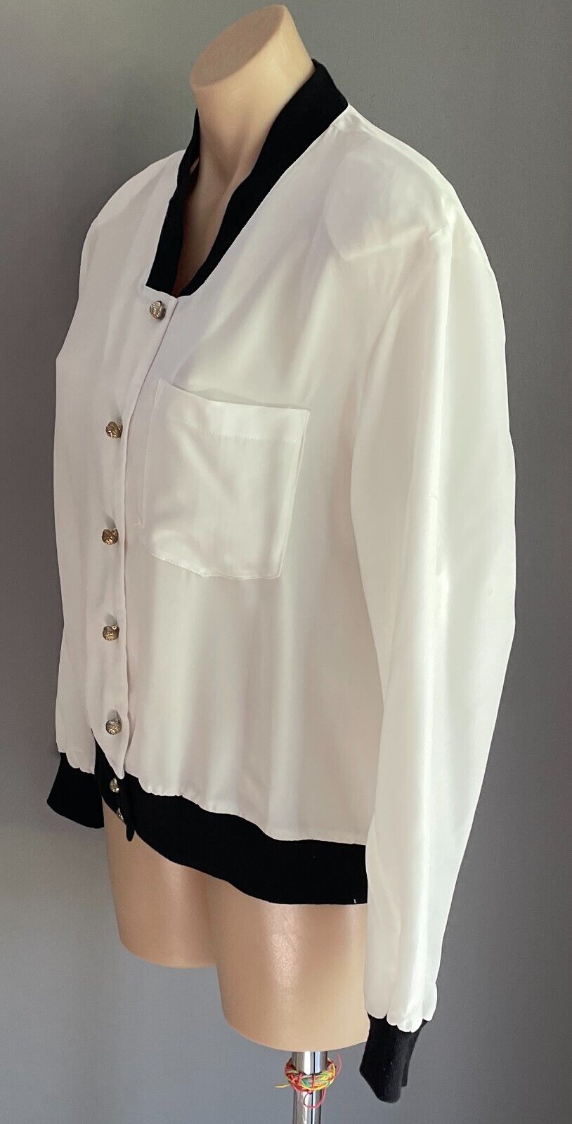 Vintage  Jacket White Black Ribbed Trim Gold Button Front Polyester Size 18 NOS