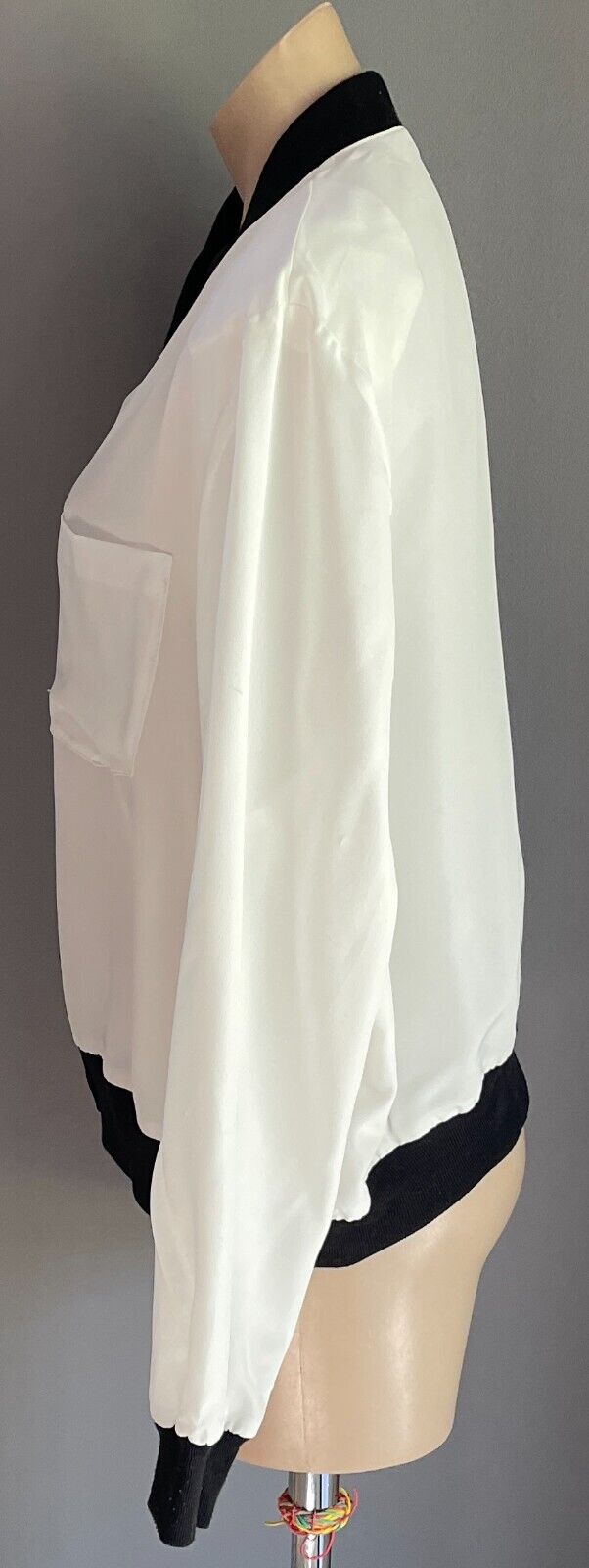 Vintage  Jacket White Black Ribbed Trim Gold Button Front Polyester Size 18 NOS