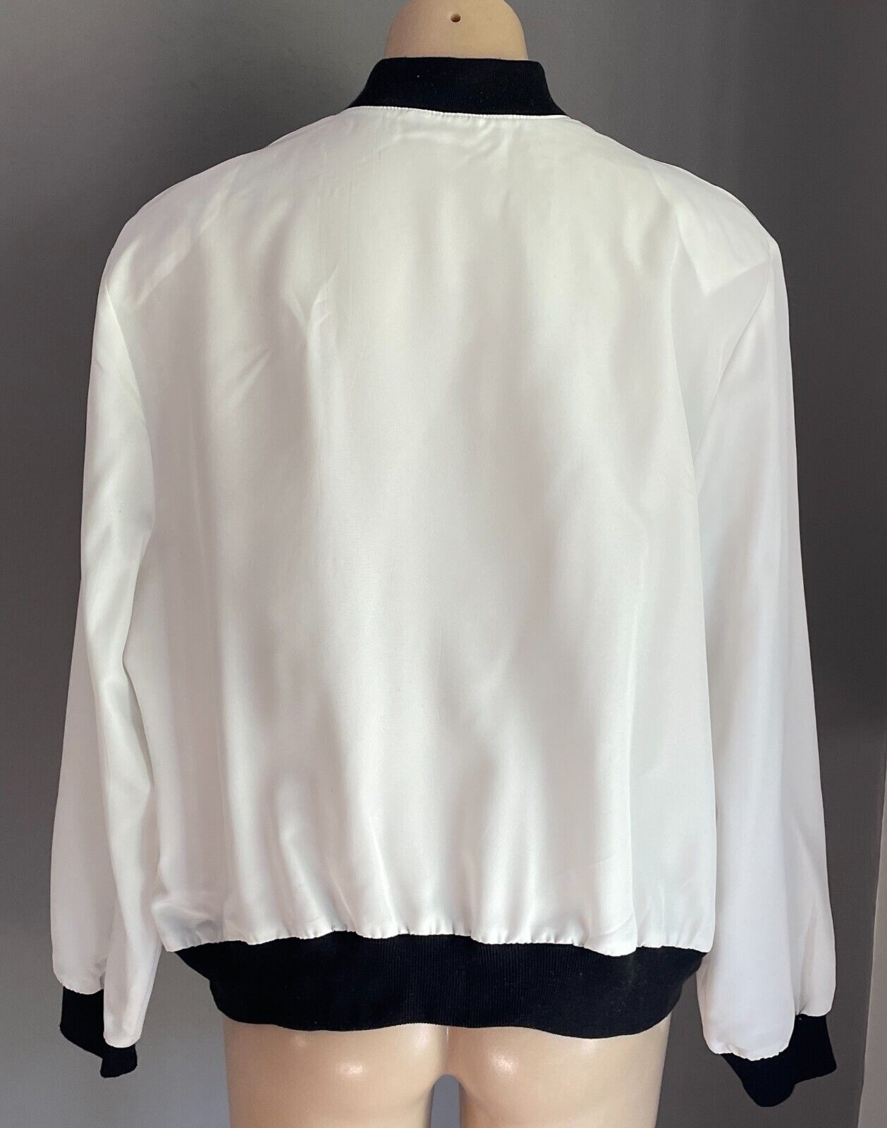 Vintage  Jacket White Black Ribbed Trim Gold Button Front Polyester Size 18 NOS