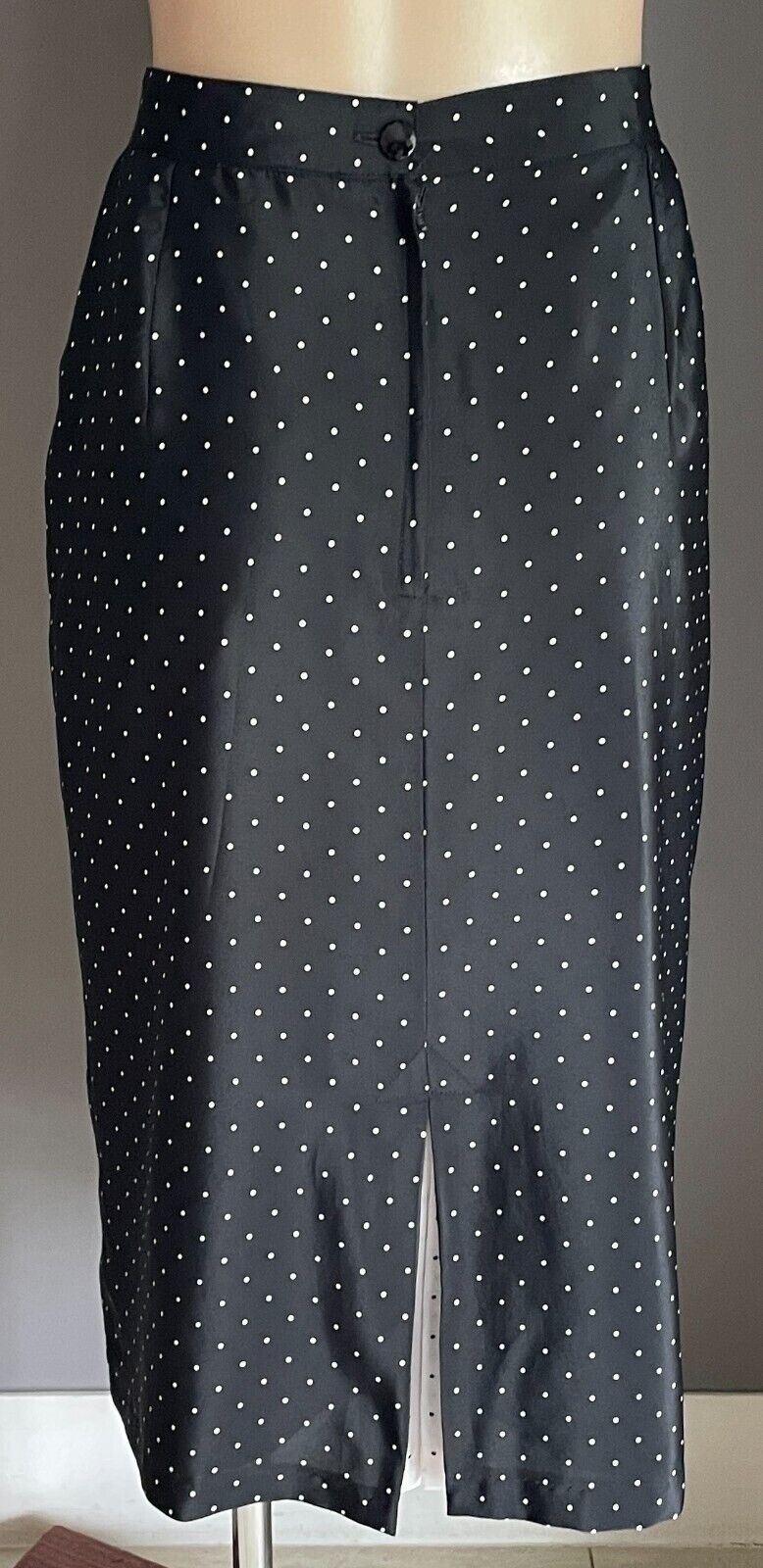Vintage Skirt Black & White Polka Dot Straight Midi Length Back Flounce Size 18