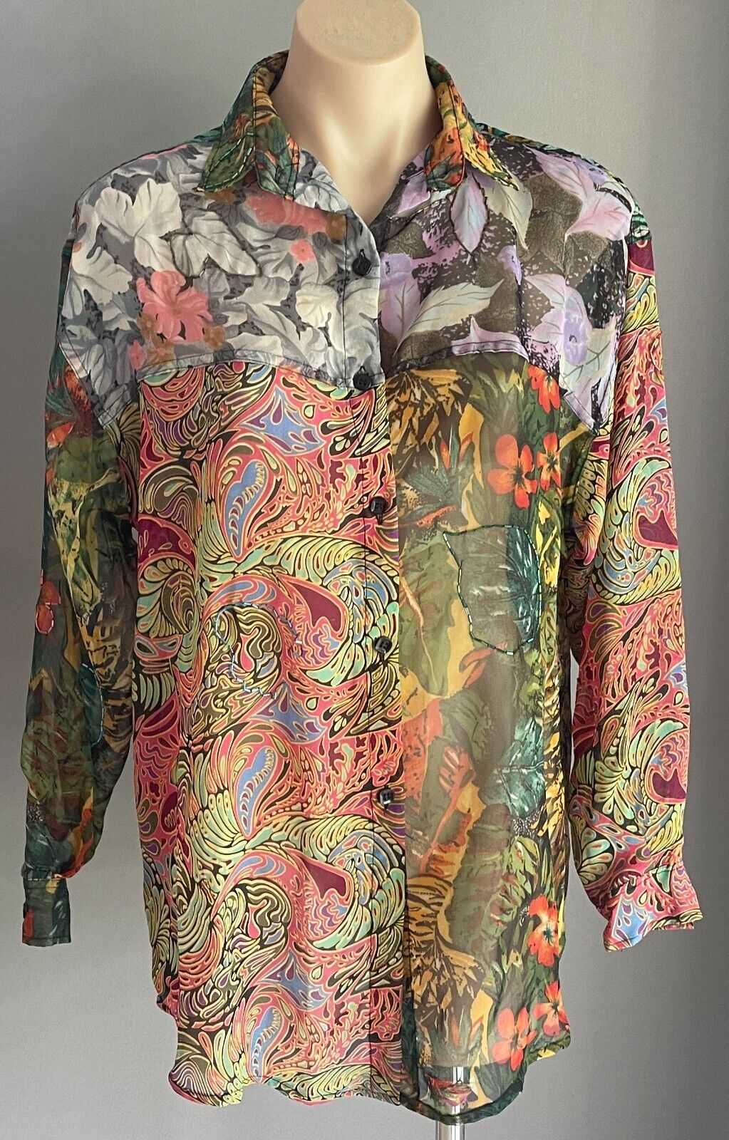Bright Indonesia Rayon Semi Sheer Blouse Shirt Long Sleeve Beaded Size 18 NEW
