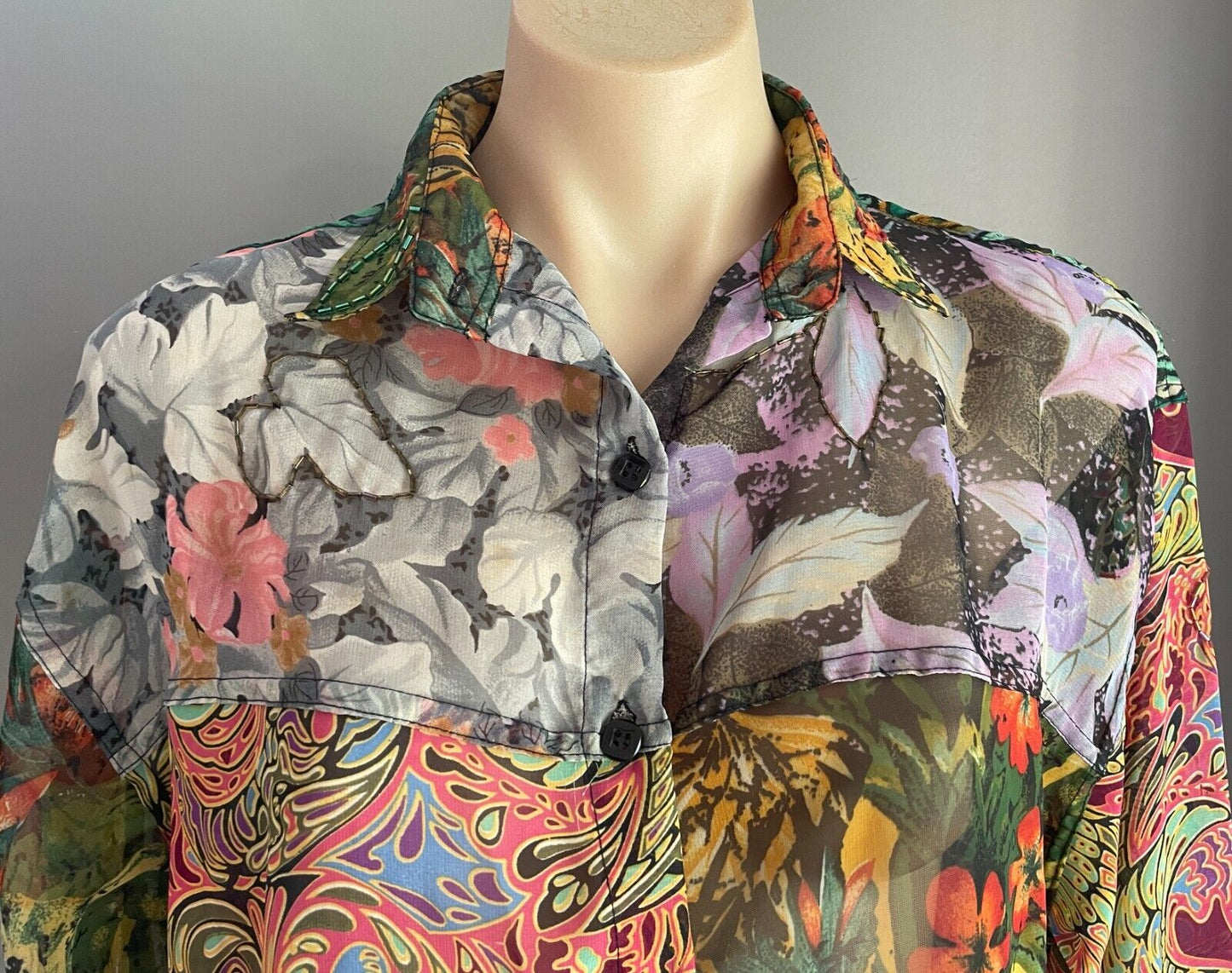 Bright Indonesia Rayon Semi Sheer Blouse Shirt Long Sleeve Beaded Size 18 NEW