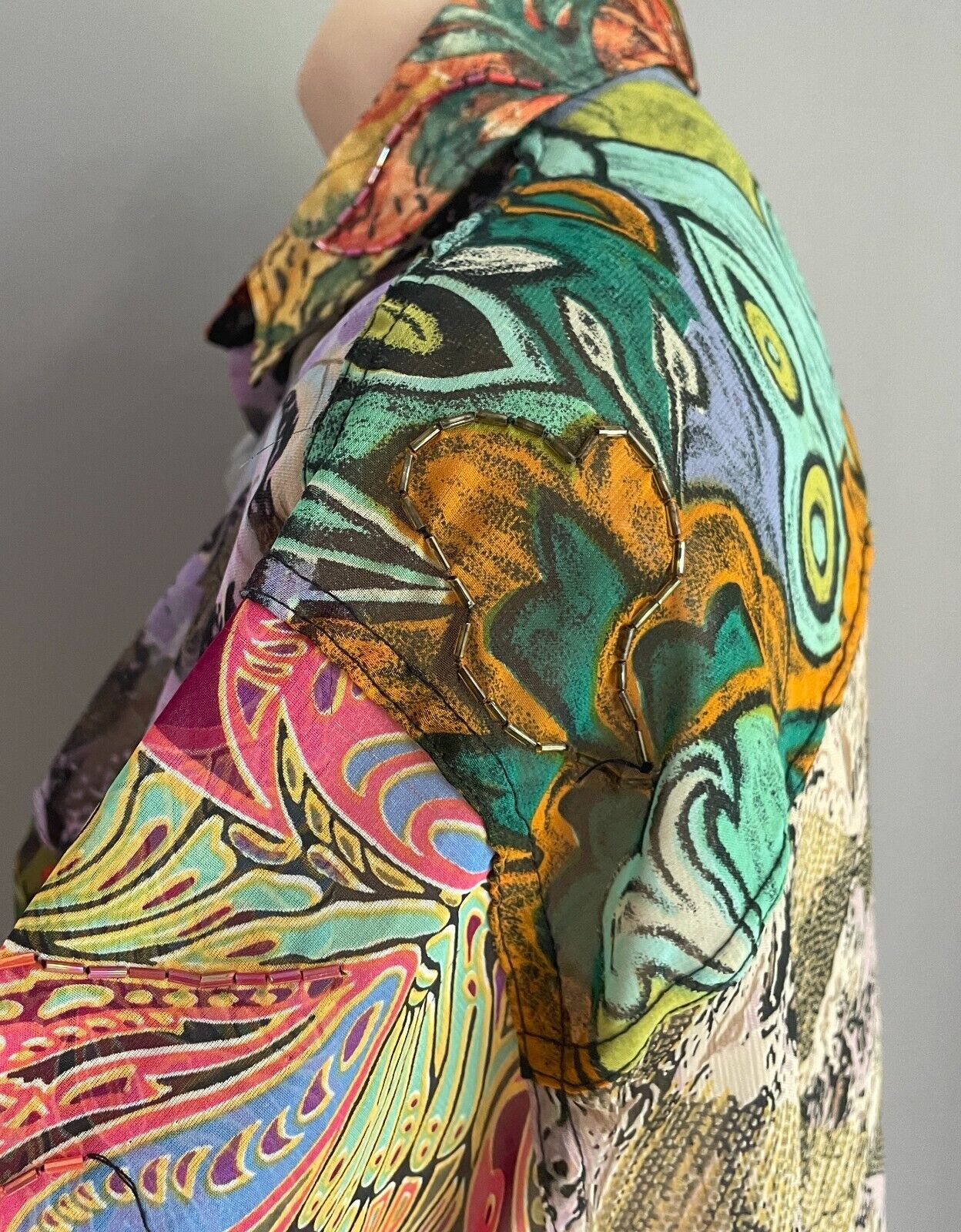 Bright Indonesia Rayon Semi Sheer Blouse Shirt Long Sleeve Beaded Size 18 NEW