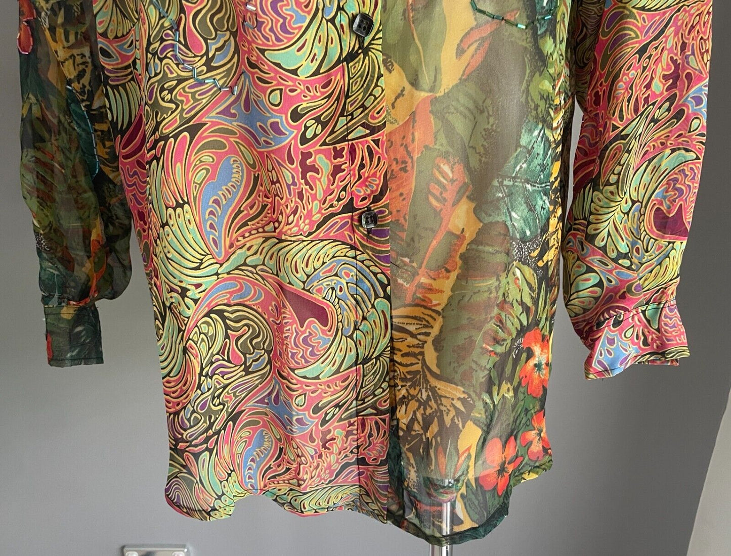 Bright Indonesia Rayon Semi Sheer Blouse Shirt Long Sleeve Beaded Size 18 NEW