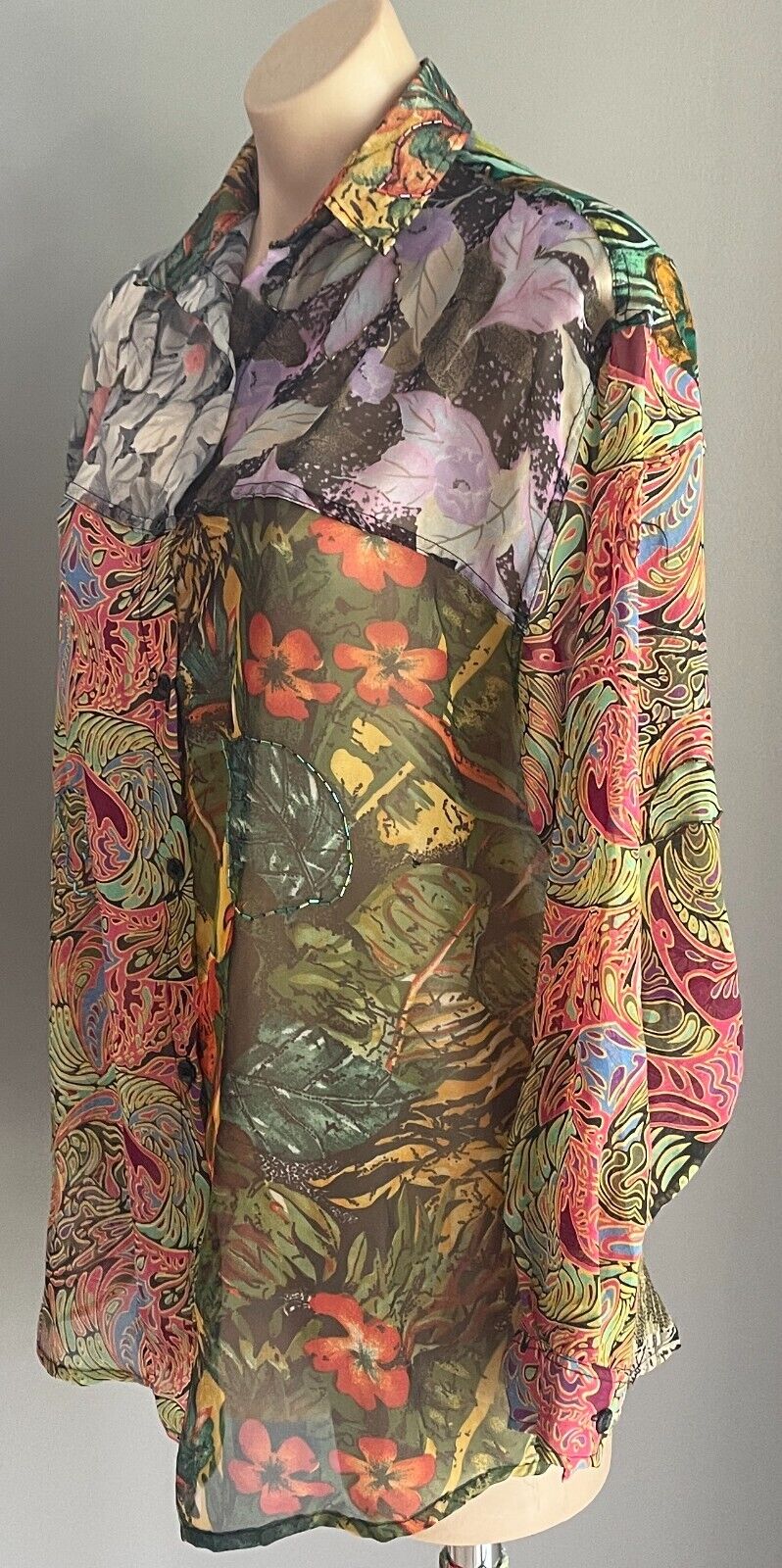 Bright Indonesia Rayon Semi Sheer Blouse Shirt Long Sleeve Beaded Size 18 NEW