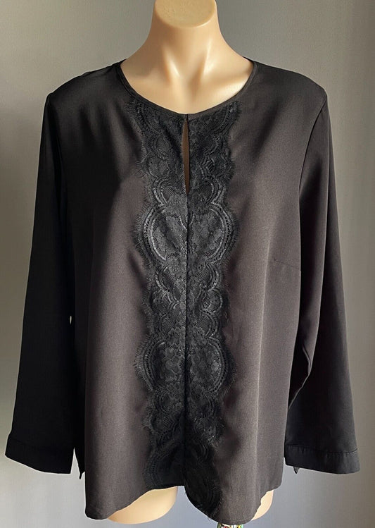 LIZ JORDAN Top Black Blouse with Keyhole Black Lace Trim Long Sleeve Size 18