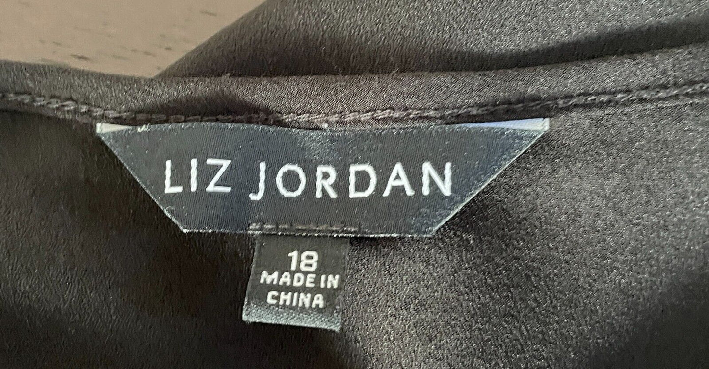 LIZ JORDAN Top Black Blouse with Keyhole Black Lace Trim Long Sleeve Size 18