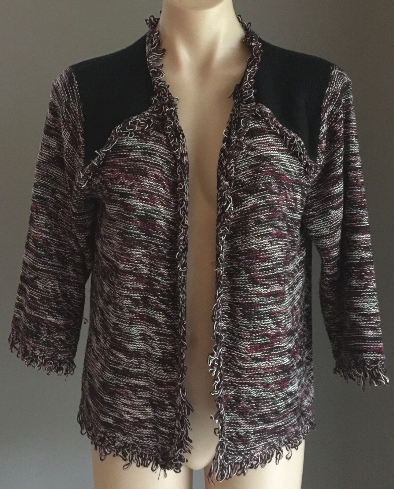 CROSSROADS Jacket Open Cardigan Purple Black & White Fringe Trim Knit Size L 12